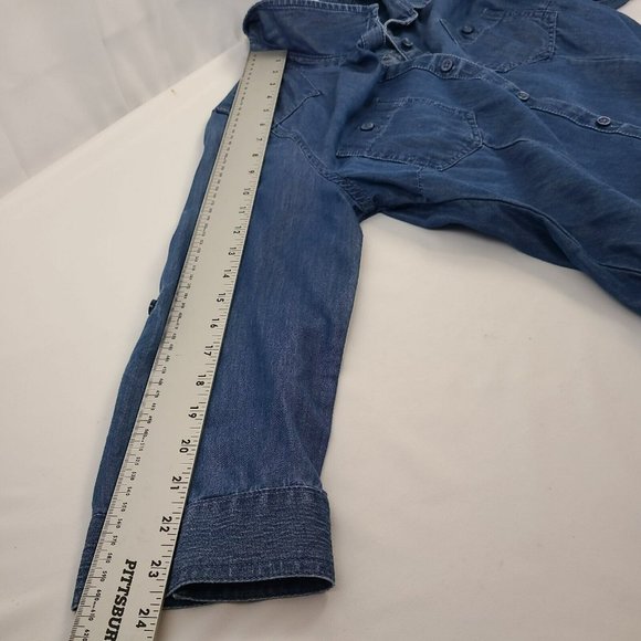 AMERICAN RAG Denim Button Up Shirt Women's XS Blouse Top Button Blue Frayed Edge - Picture 11 of 13